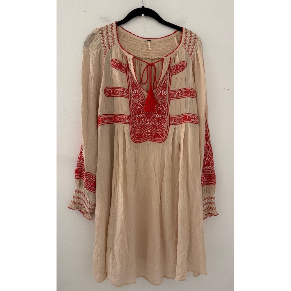 Free People Wind Willow Embroidered Peasant Mini Dress Red Size XS Bohemian